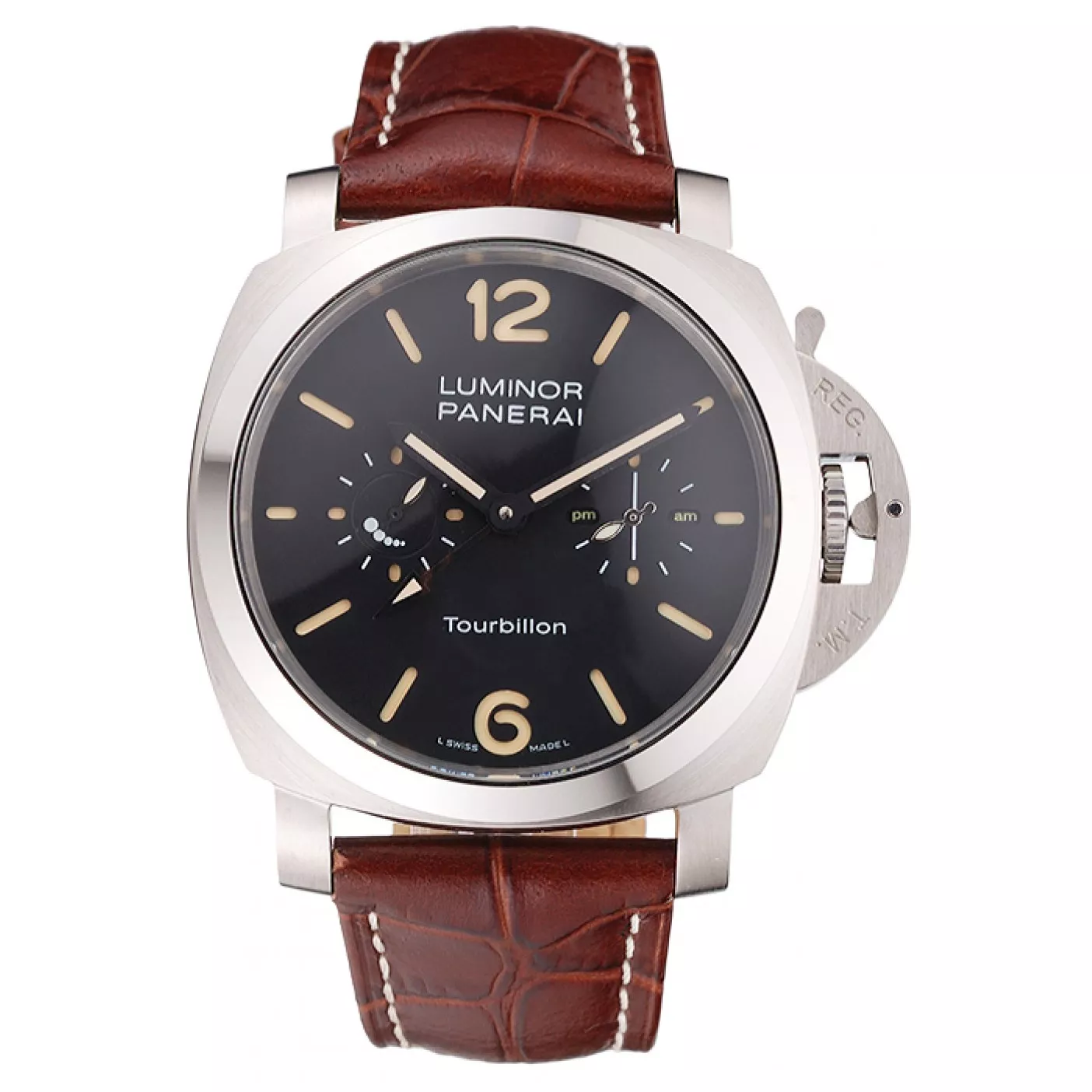 Panerai Luminor 1950 Tourbillon GMT Black Dial Stainless Steel Case Brown Leather Strap 0115