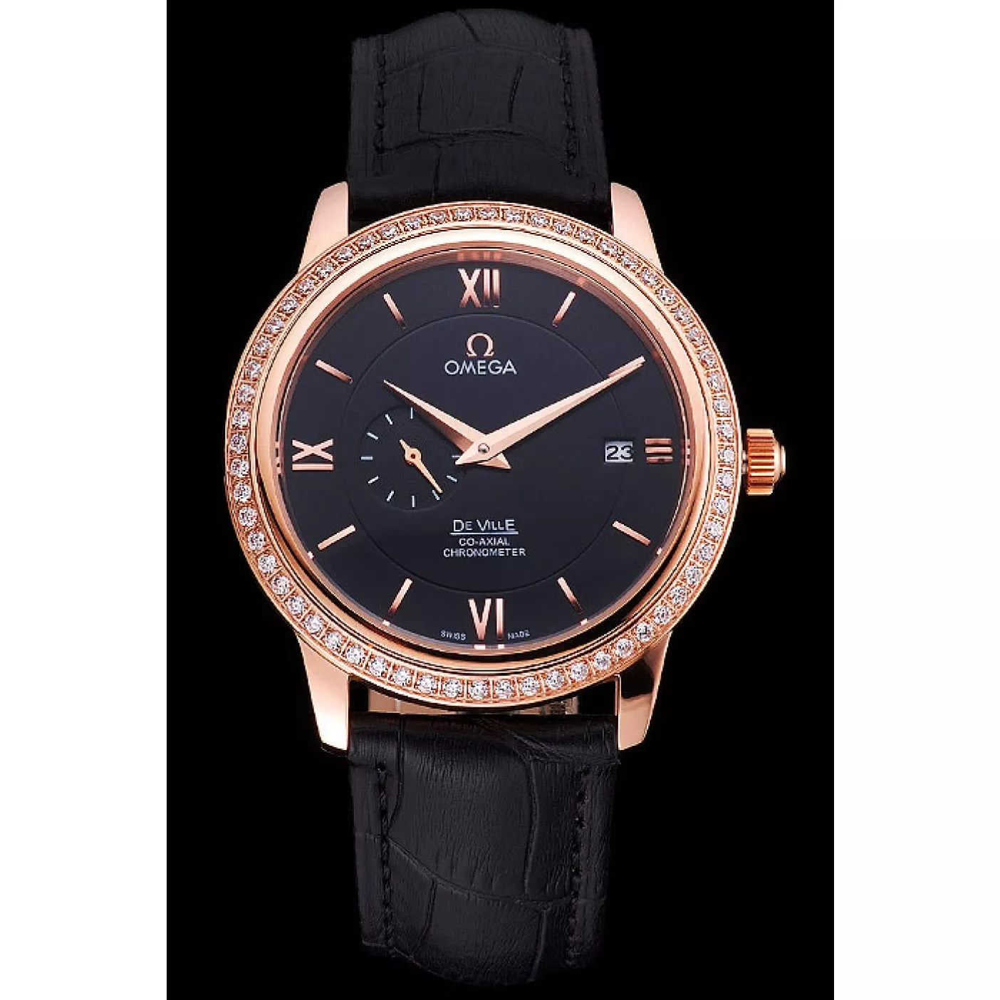 Cheap Omega De Ville Prestige Co-Axial Black Dial Rose Gold Diamond Case Black Leather Strap Roman Numeral 0128