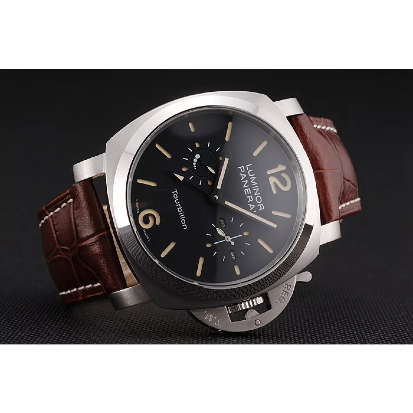 Cheap Panerai Luminor 1950 Tourbillon GMT Black Dial Stainless Steel Case Brown Leather Strap 0115