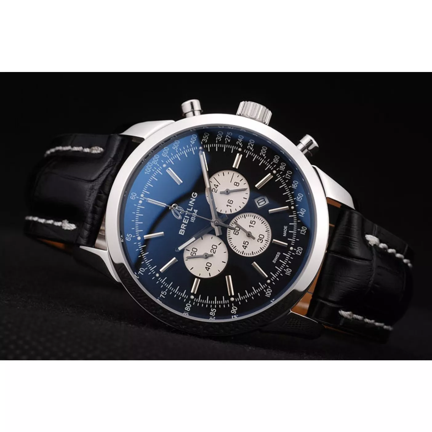 Affordable Breitling Transocean Black Dial Black Leather Strap Polished Stainless Steel Bezel 0129