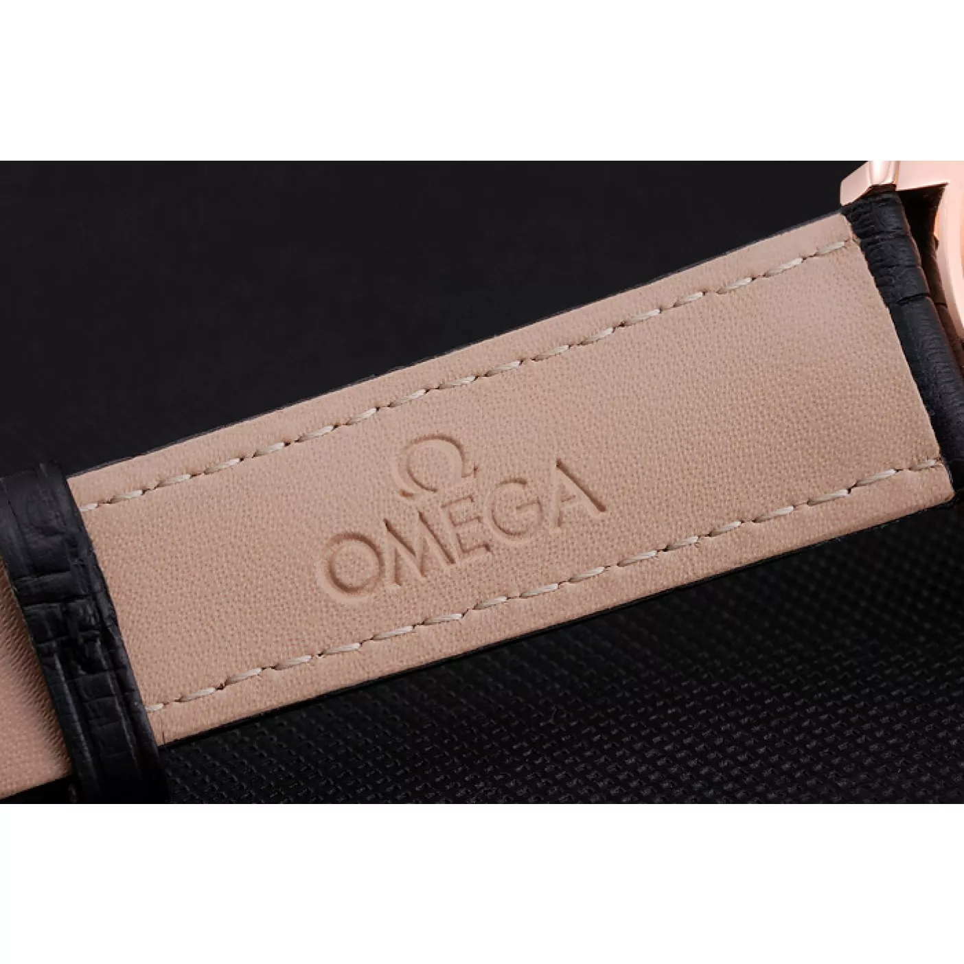 Cheap Omega De Ville Prestige Co-Axial Black Dial Rose Gold Diamond Case Black Leather Strap Roman Numeral 0128