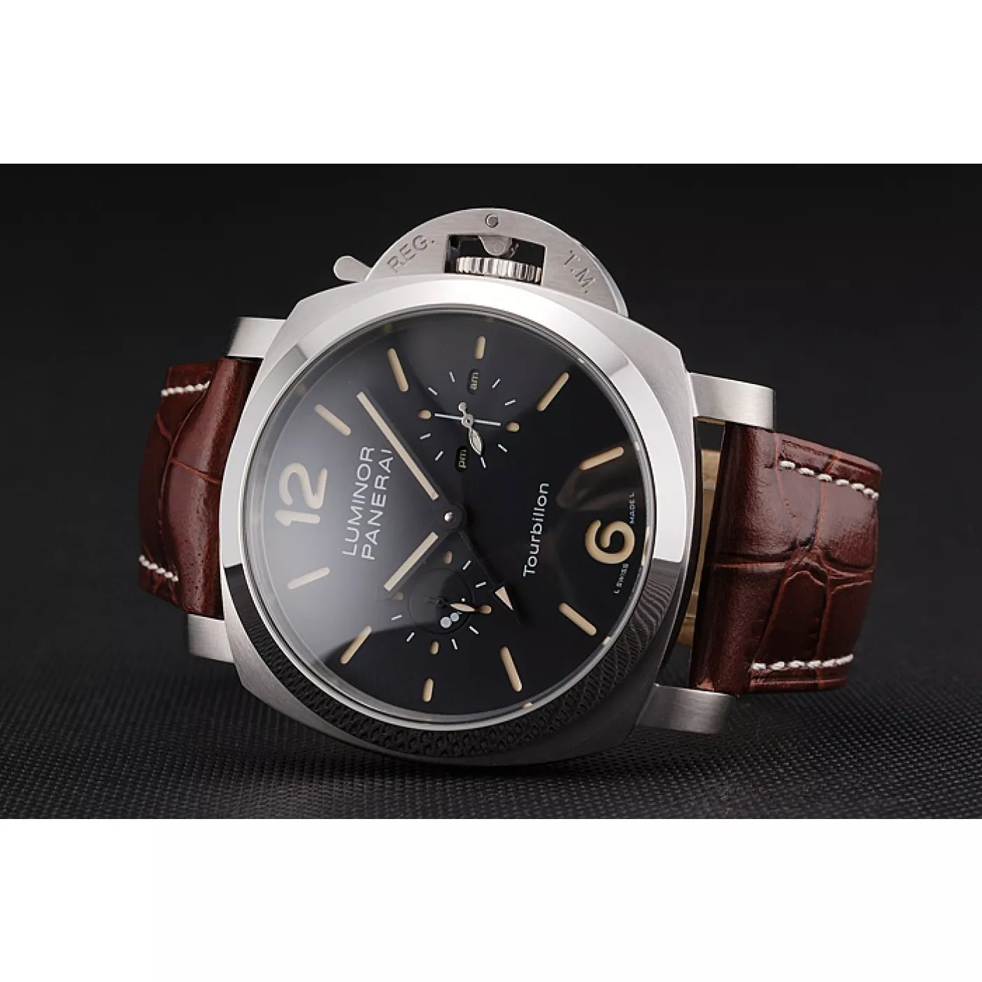 Cheap Panerai Luminor 1950 Tourbillon GMT Black Dial Stainless Steel Case Brown Leather Strap 0115