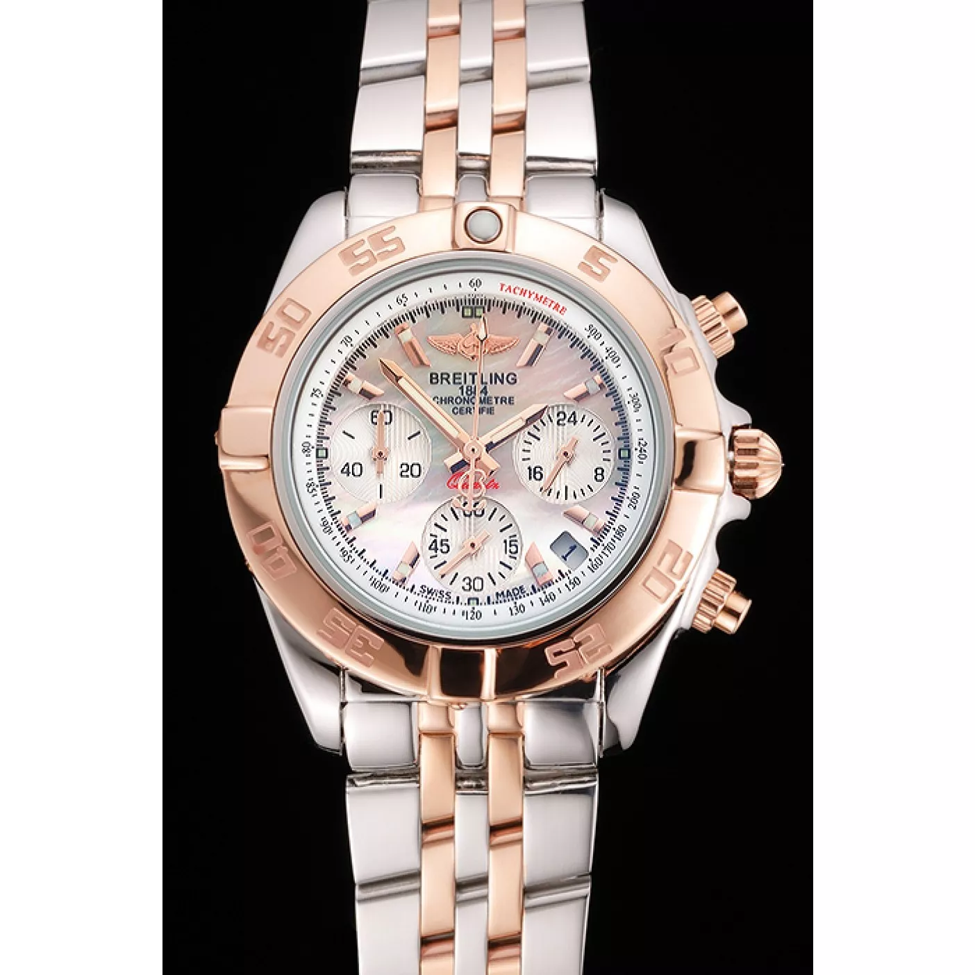 Cheap Breitling Chronomat Quartz Pearl Dial Rose Gold Bezel Stainless Steel Case Two Tone Bracelet 0129