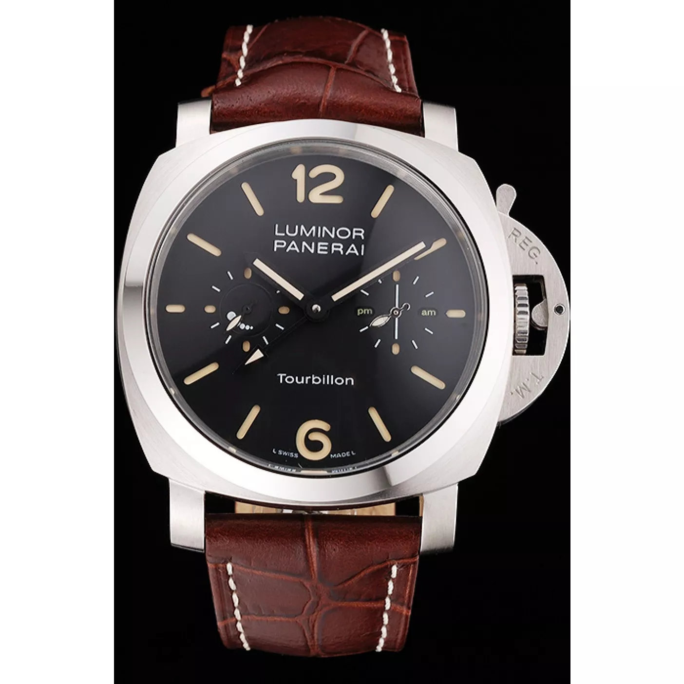 Cheap Panerai Luminor 1950 Tourbillon GMT Black Dial Stainless Steel Case Brown Leather Strap 0115