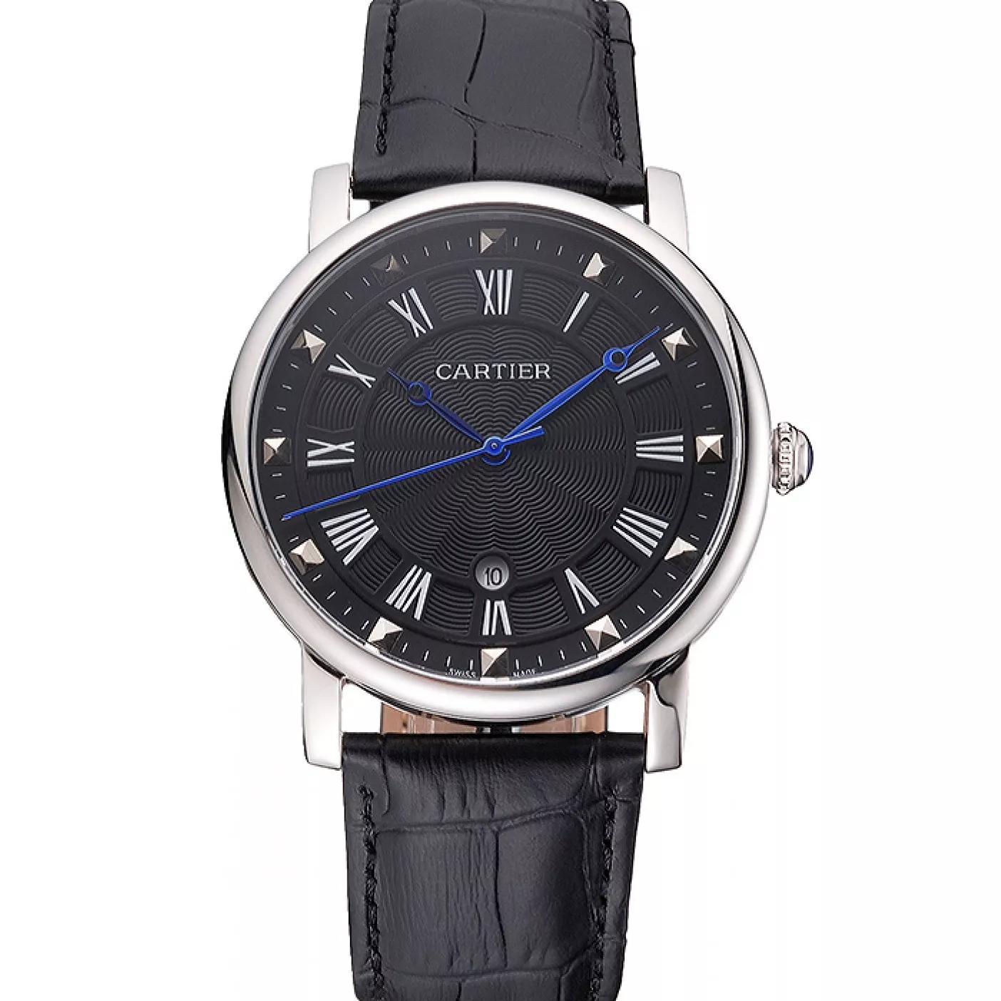 Cartier Rotonde Date Black Dial Stainless Steel Case Black Leather Strap 0115