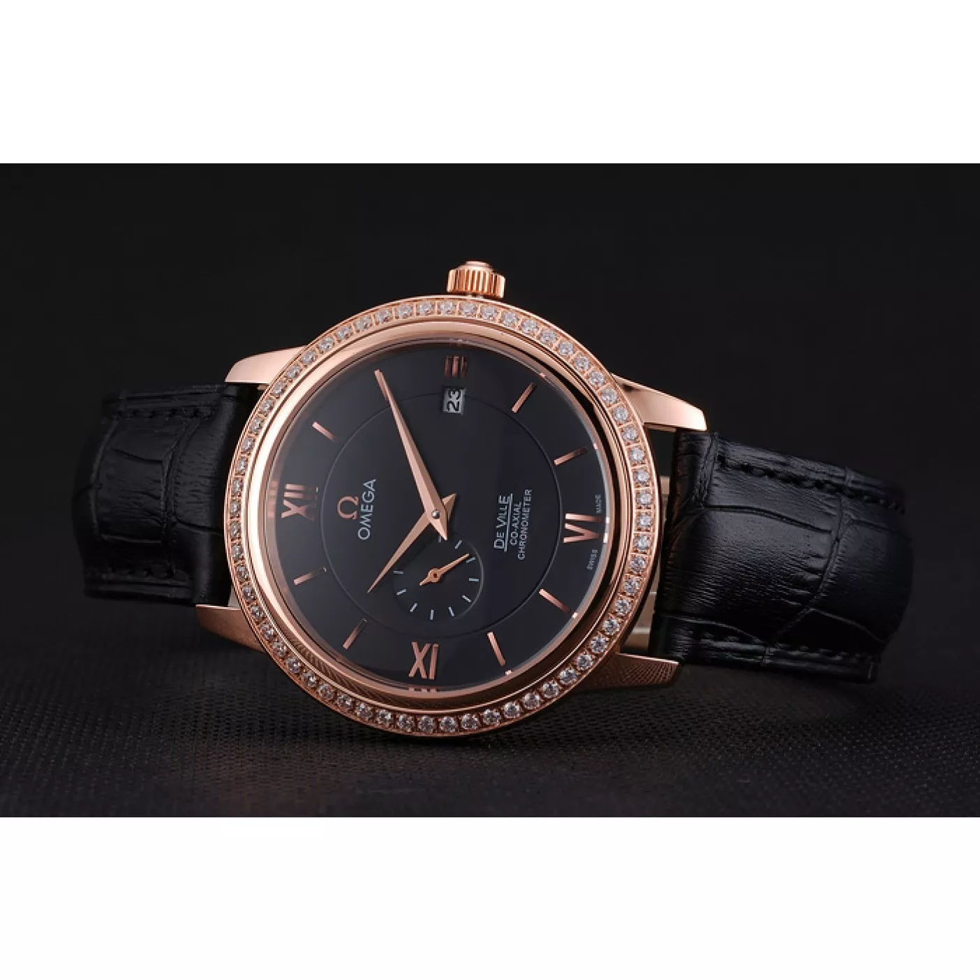 Cheap Omega De Ville Prestige Co-Axial Black Dial Rose Gold Diamond Case Black Leather Strap Roman Numeral 0128