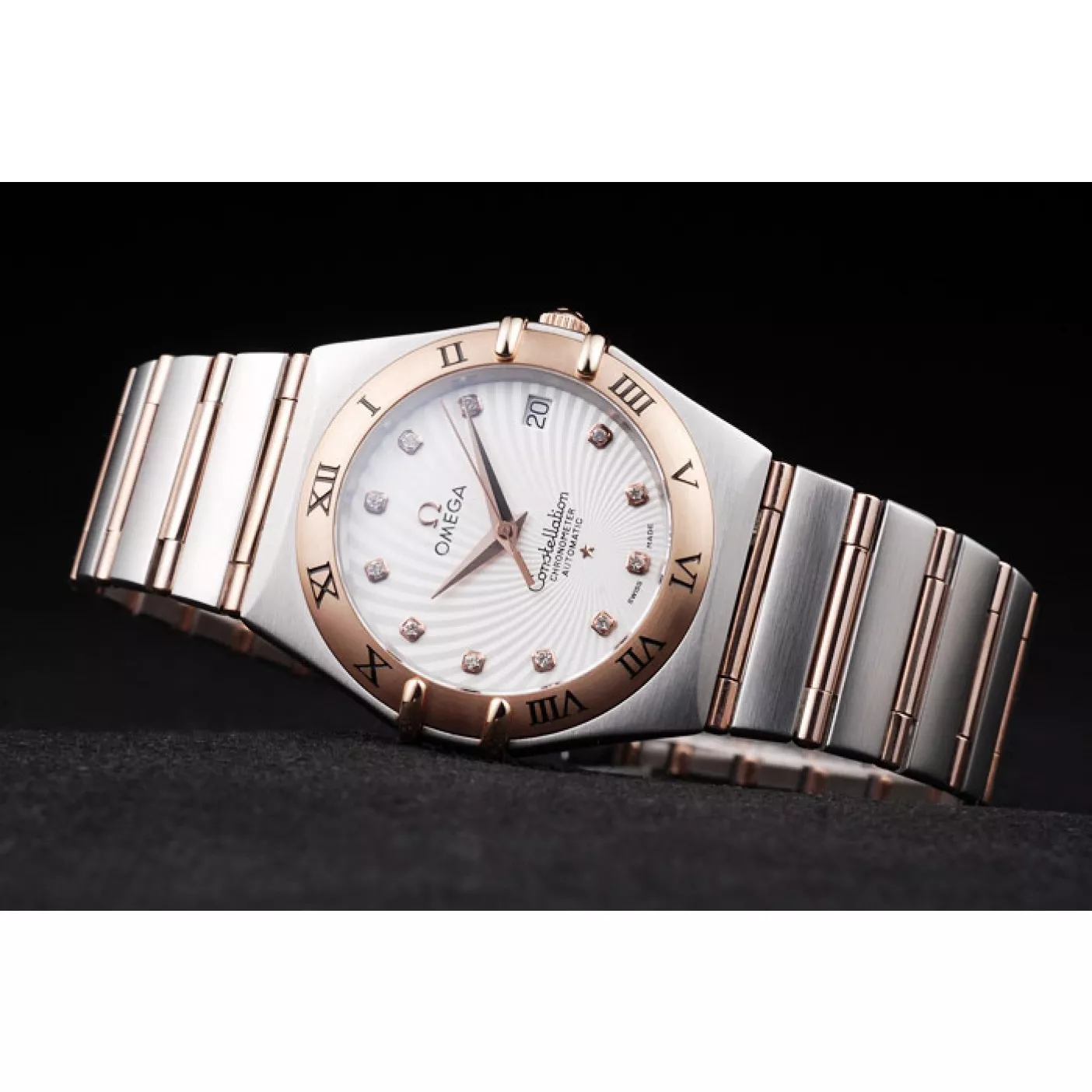 Affordable Omega Swiss Constellation Jewelry Rose Gold Case Radial Emblem White Dial 0128