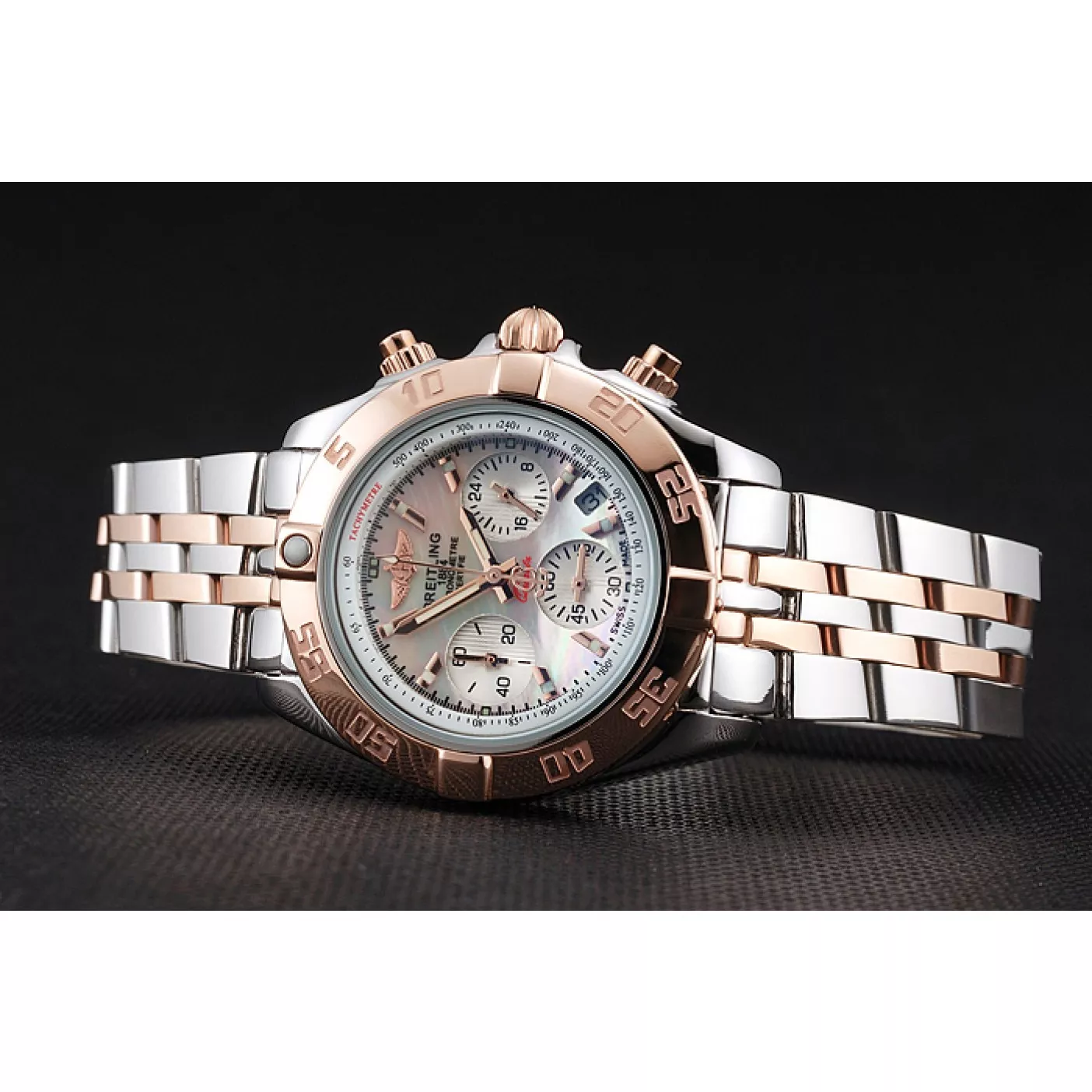 Cheap Breitling Chronomat Quartz Pearl Dial Rose Gold Bezel Stainless Steel Case Two Tone Bracelet 0129