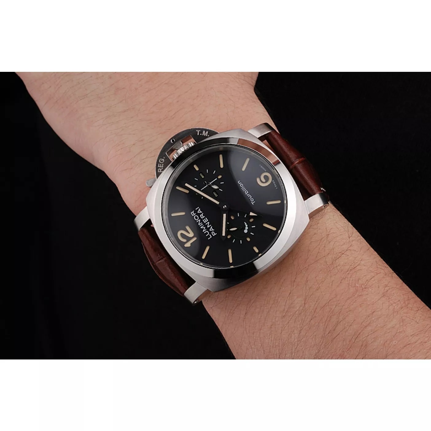 Cheap Panerai Luminor 1950 Tourbillon GMT Black Dial Stainless Steel Case Brown Leather Strap 0115