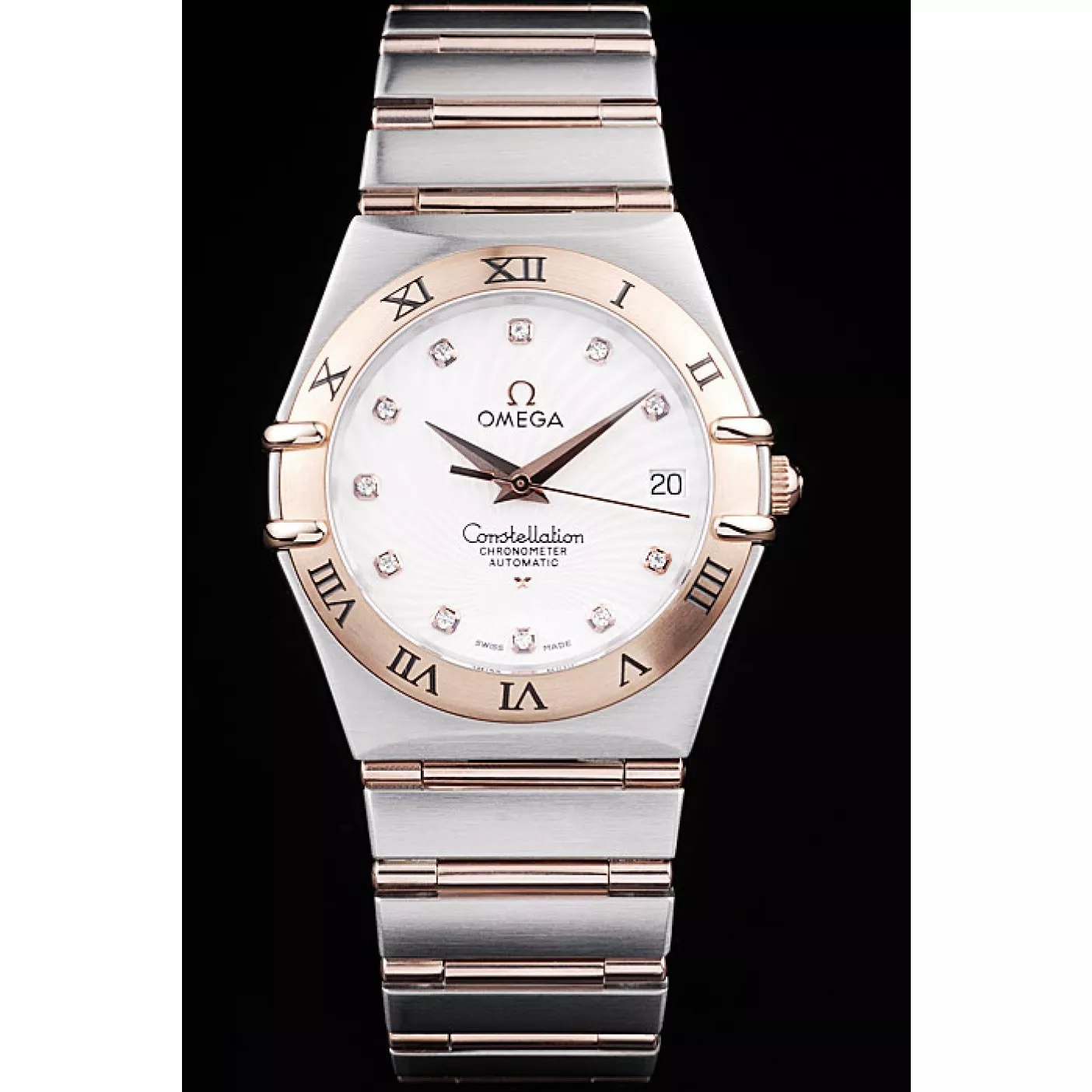 Affordable Omega Swiss Constellation Jewelry Rose Gold Case Radial Emblem White Dial 0128