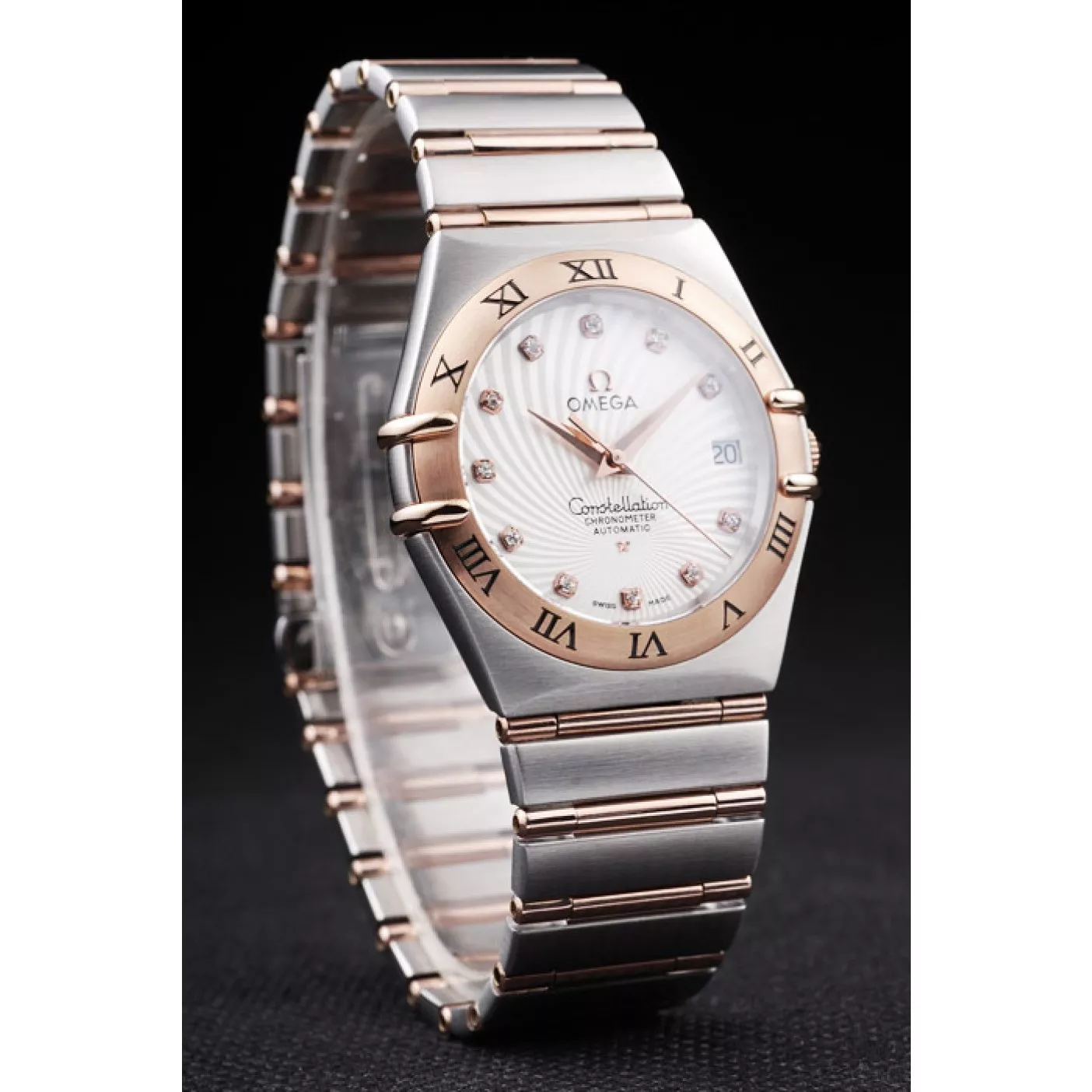 Affordable Omega Swiss Constellation Jewelry Rose Gold Case Radial Emblem White Dial 0128