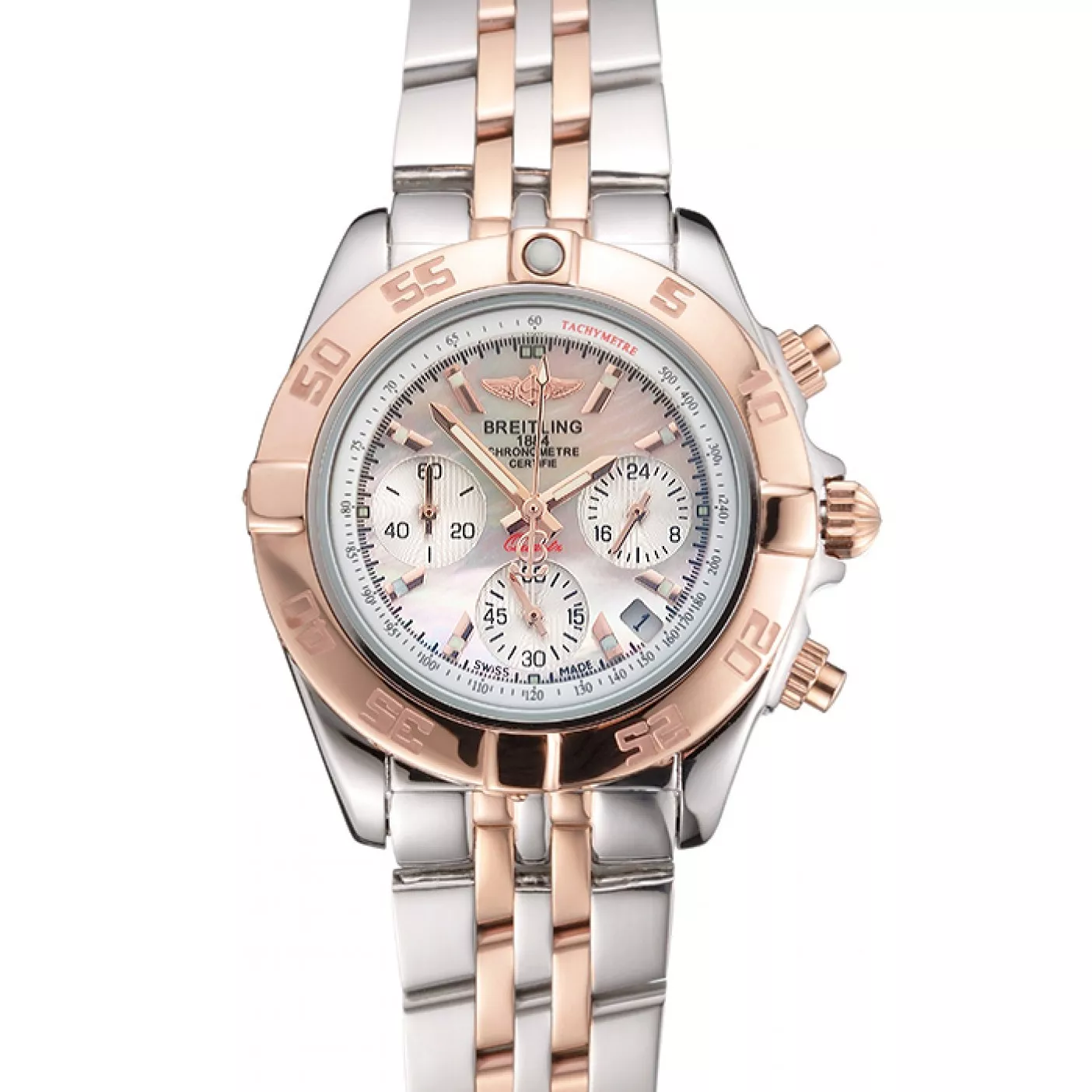 Breitling Chronomat Quartz Pearl Dial Rose Gold Bezel Stainless Steel Case Two Tone Bracelet 0129