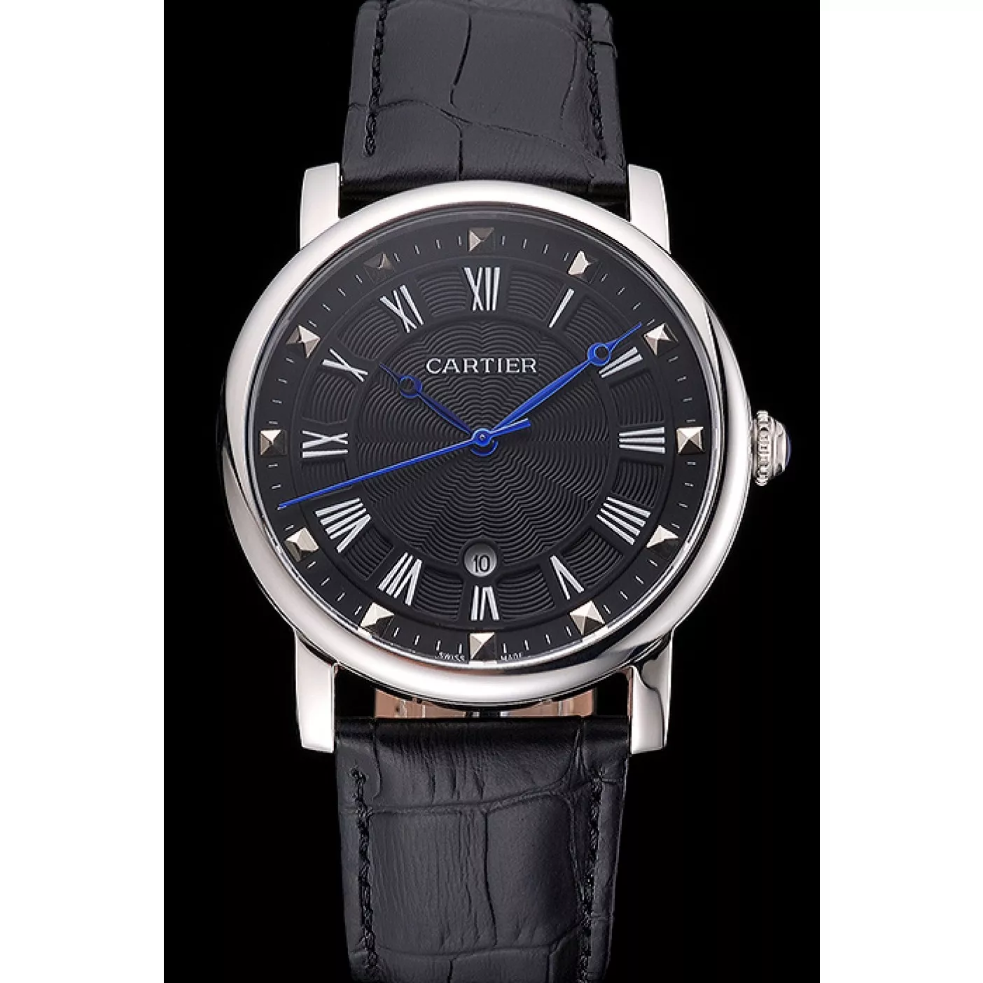 Affordable Cartier Rotonde Date Black Dial Stainless Steel Case Black Leather Strap 0115