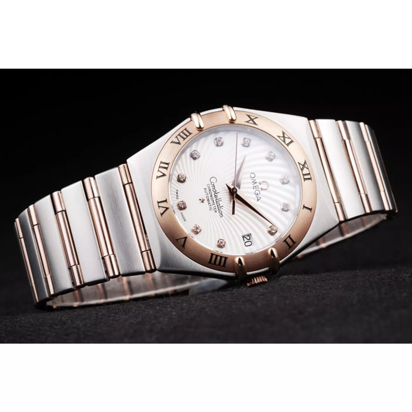 Affordable Omega Swiss Constellation Jewelry Rose Gold Case Radial Emblem White Dial 0128