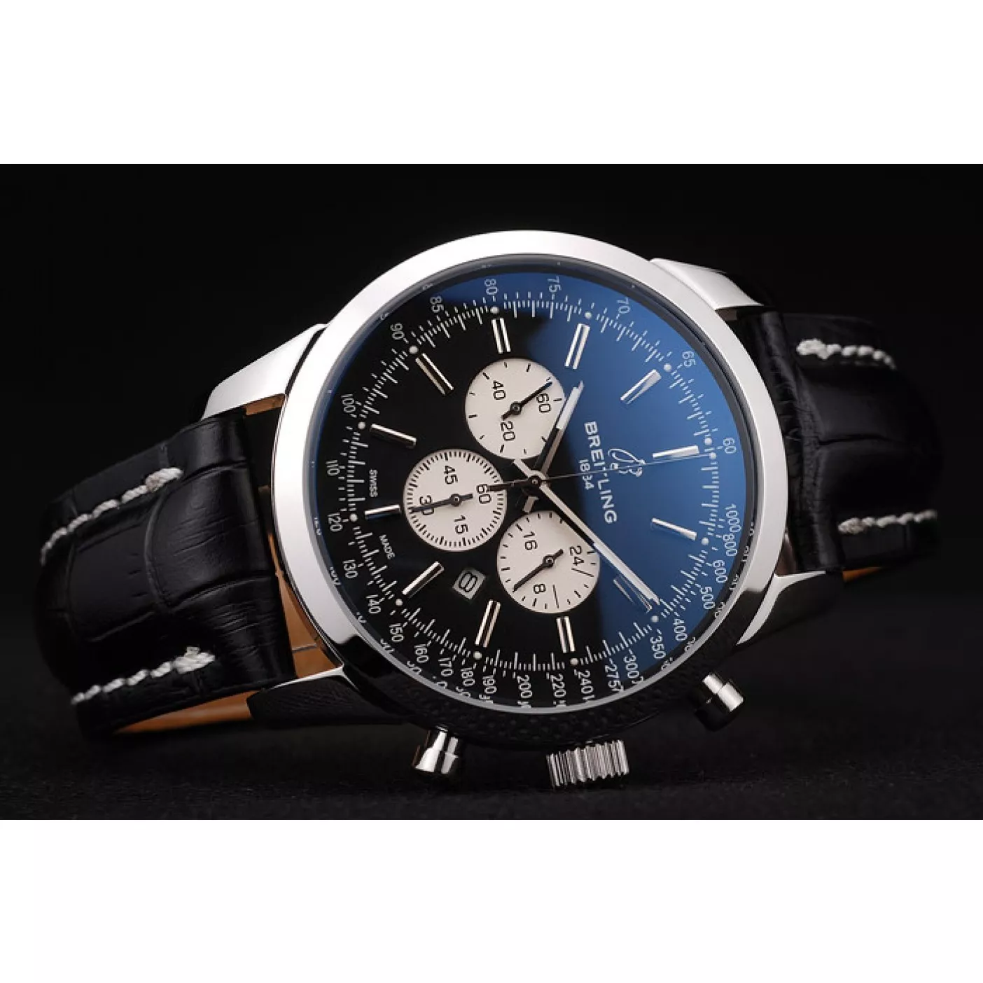 Affordable Breitling Transocean Black Dial Black Leather Strap Polished Stainless Steel Bezel 0129