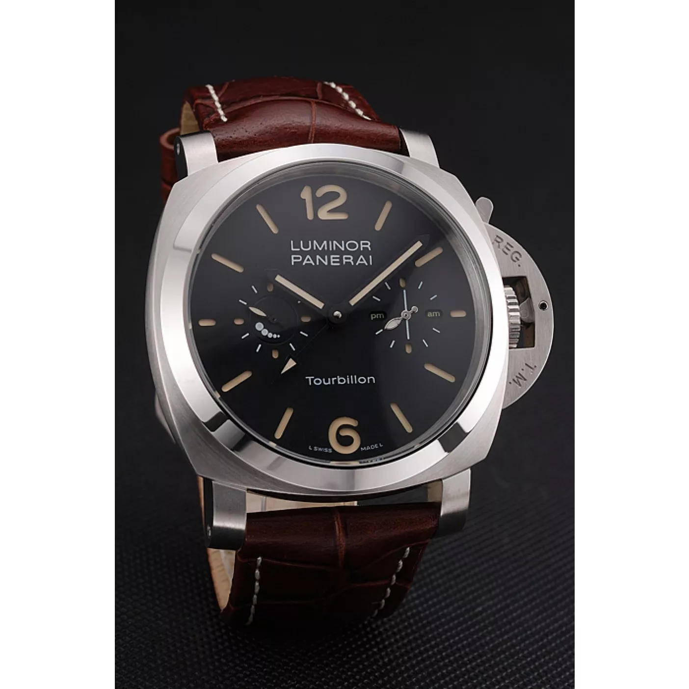 Cheap Panerai Luminor 1950 Tourbillon GMT Black Dial Stainless Steel Case Brown Leather Strap 0115