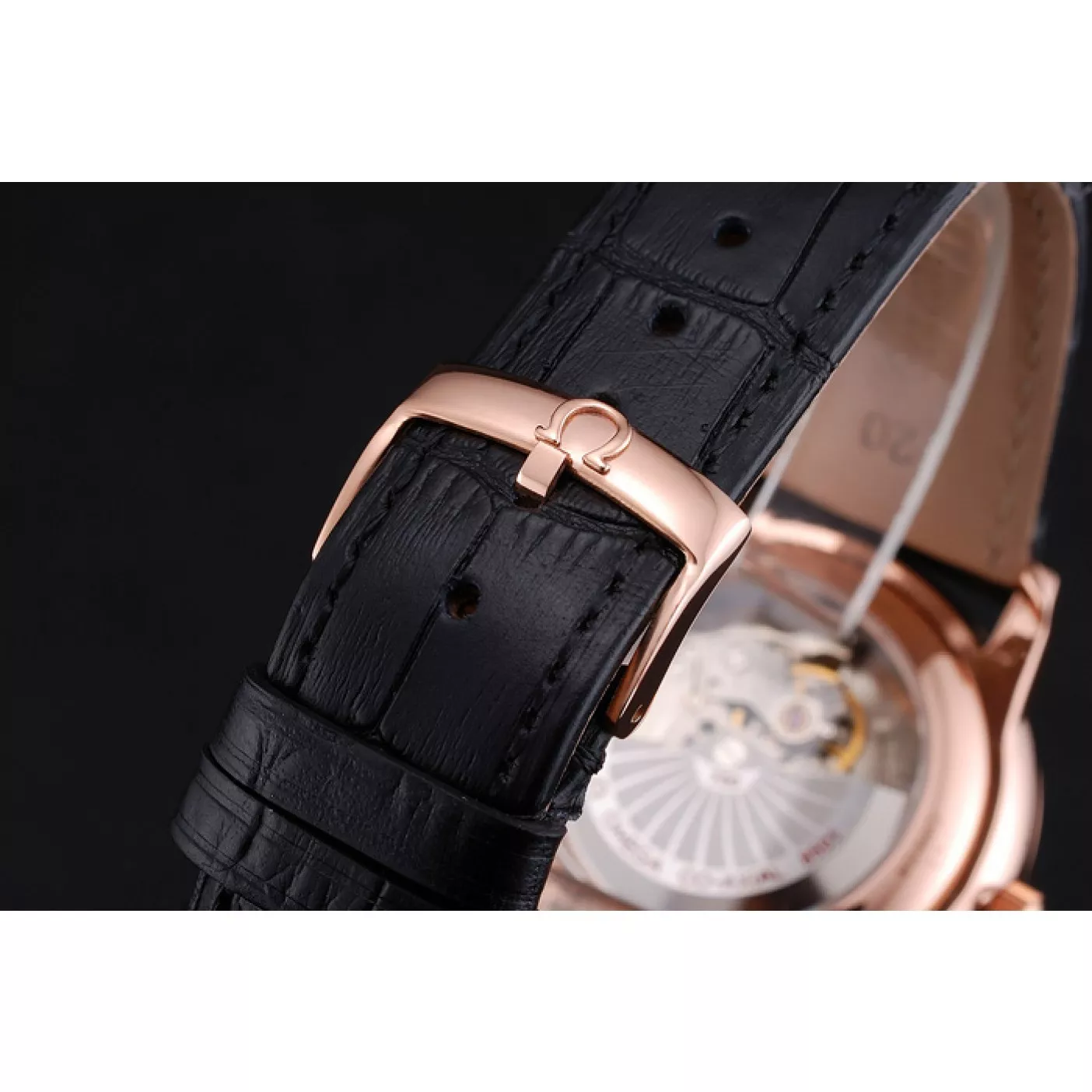 Cheap Omega De Ville Prestige Co-Axial Black Dial Rose Gold Diamond Case Black Leather Strap Roman Numeral 0128