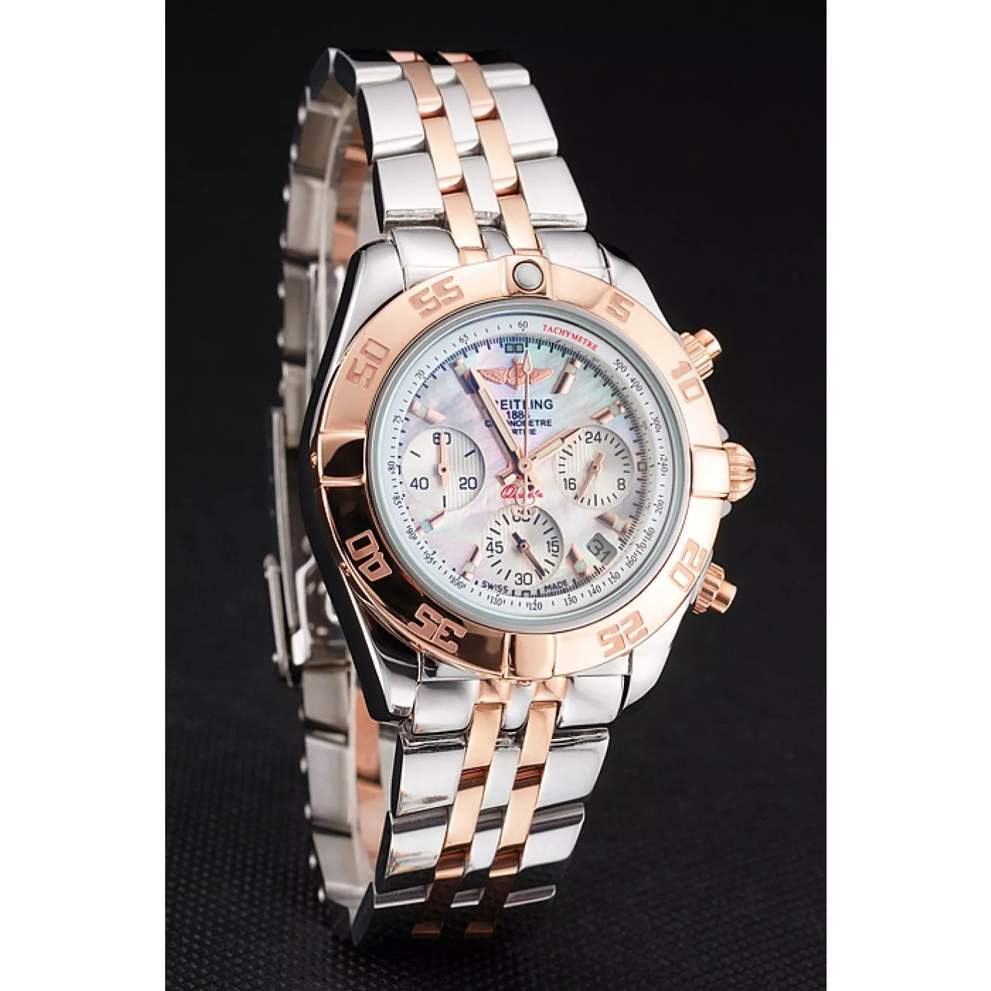 Cheap Breitling Chronomat Quartz Pearl Dial Rose Gold Bezel Stainless Steel Case Two Tone Bracelet 0129