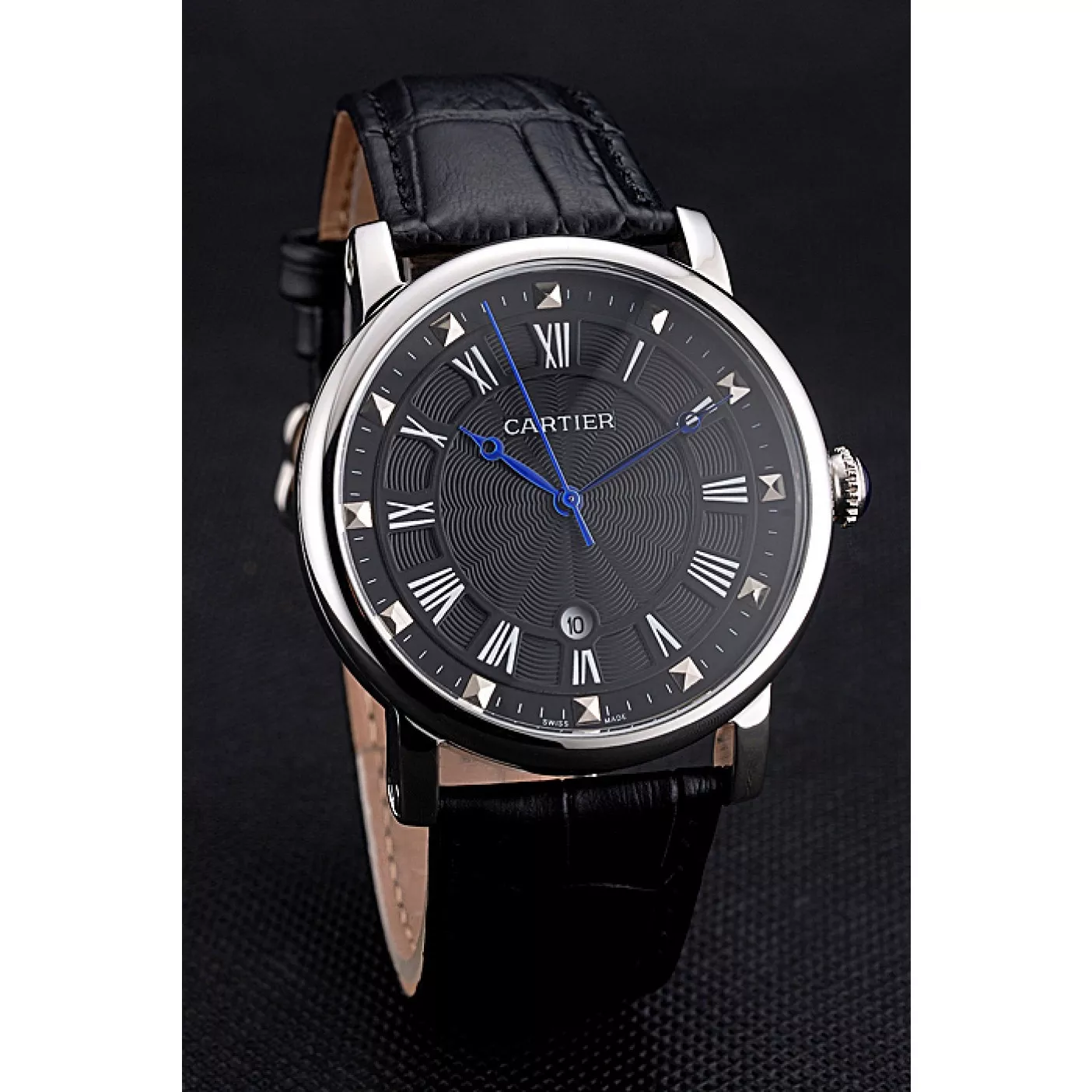 Affordable Cartier Rotonde Date Black Dial Stainless Steel Case Black Leather Strap 0115