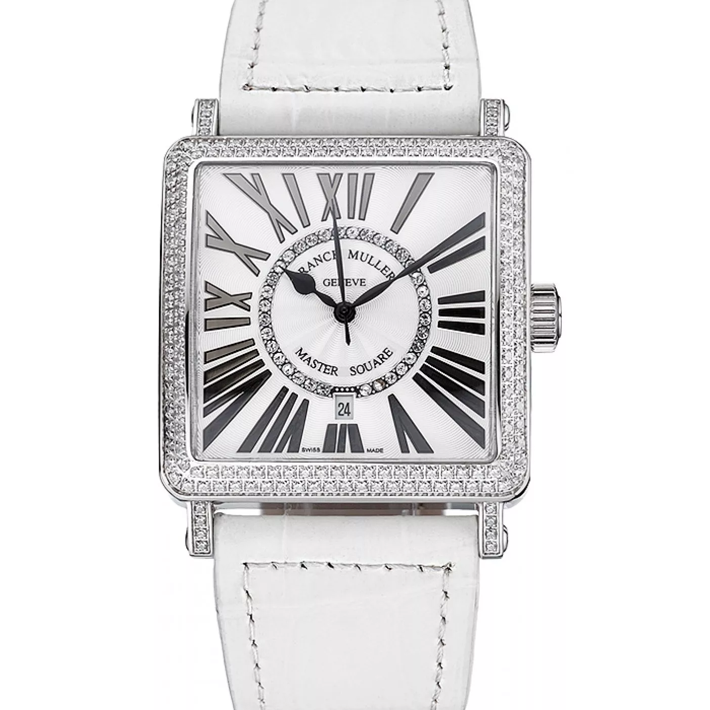 Franck Muller Master Square Diamond Encrusted Stainless Steel Bezel White Croco Bracelet 80284 0115