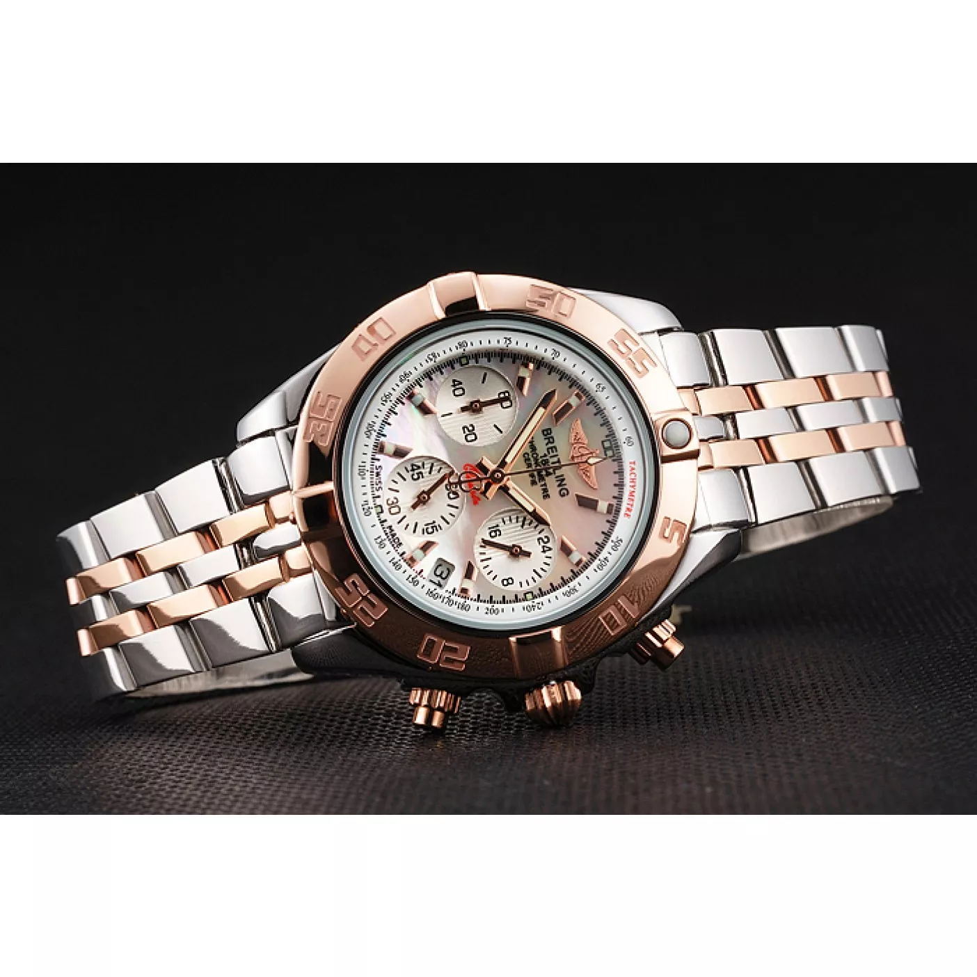 Cheap Breitling Chronomat Quartz Pearl Dial Rose Gold Bezel Stainless Steel Case Two Tone Bracelet 0129