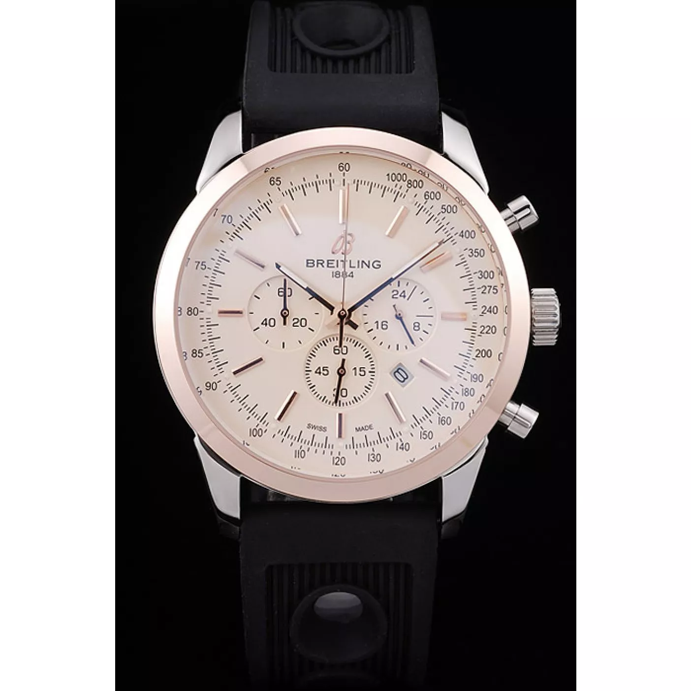 Cheap Breitling Transocean White Dial Black Rubber Strap Rose Gold Bezel 0113