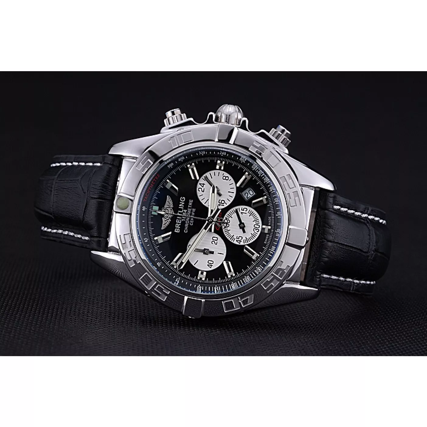 Affordable Breitling Chronomat 44 Black Dial with White Subdials Black Leather Bracelet 622511 0113