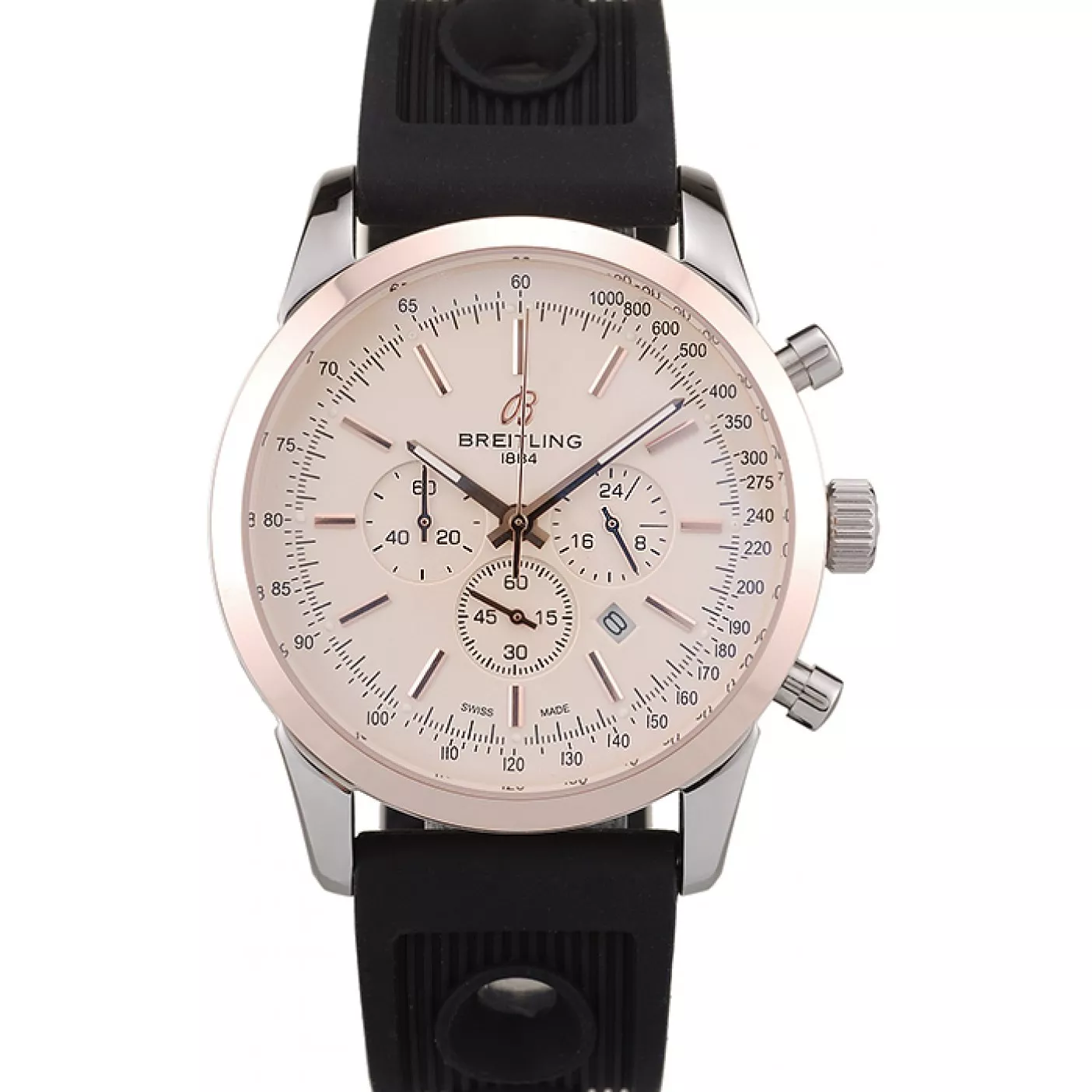 Breitling Transocean White Dial Black Rubber Strap Rose Gold Bezel 0113